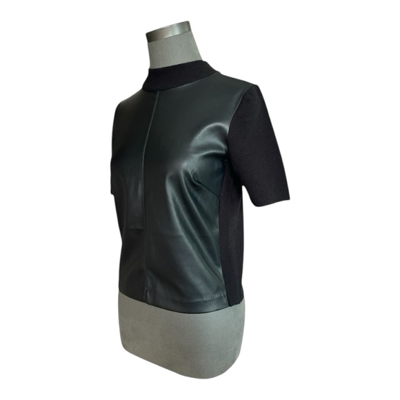 Womens Top ANN TAYLOR Black Shell Tee Leatherette Front Knit Short Sleeve Blouse - Picture 3 of 6